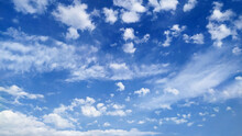 Beautiful Blue Sky With Small White Cumulus And Large Cirrus Clouds As Natural Background