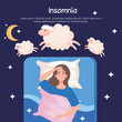 insomnia woman on bed with pillow and sheeps design, sleep and night theme Vector illustration
