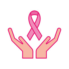 Poster - breast cancer ribbon over hands line and fill style icon vector design