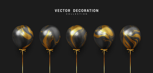 Set of realistic air helium balloons with ribbon. White with gold gradient collection of festive ballons. Decorative 3d objects. Decoration celebreation design elements. vector illustration