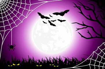 halloween black and purple illustration with bright full moon, white cobweb with spider, flying bats