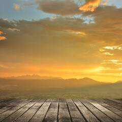 Wall Mural - City sunset with wooden ground