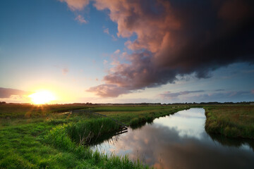 Poster - sunset over river on Dutch farmland