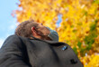 A man in a medical mask in an autumn Park, close-up,
