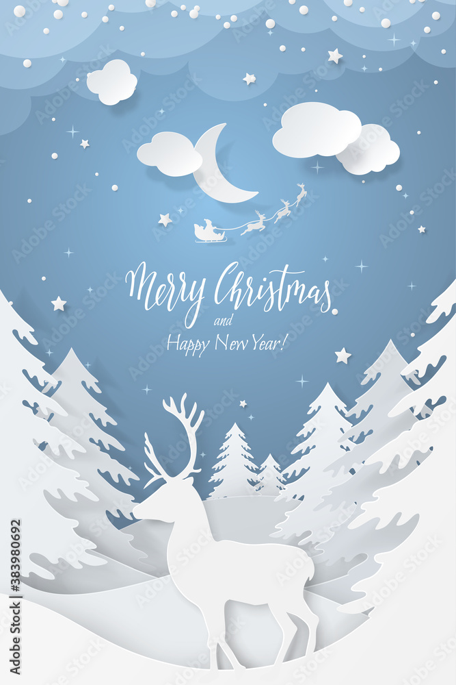 Winter scene with 3D realistic paper cutout deer, fir trees and flying ...
