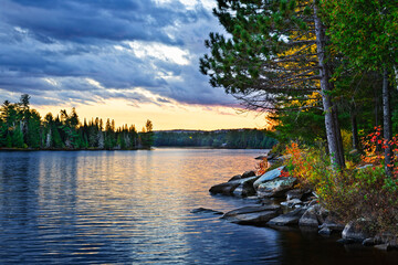 dramatic sunset at lake