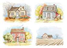 Set With Autumn Landscape With Country Houses And Trees Isolated On White Background. Watercolor Hand Drawn Illustration