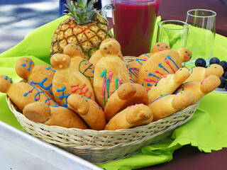 bread 'guagua de pan' or ecuadorian bread figures. breads made of wheat, molded and decorated in the