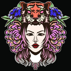 Wall Mural - Neo Traditional Tattoo style, Native American girl with Tiger headdress Lineart old school tattoo