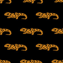 Seamless Geometrical Pattern With Hand Drawn Silhouettes Of Fire Salamander.