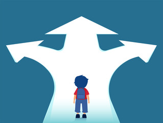 Vector of a boy with backpack standing at crossroads thinking which way to go