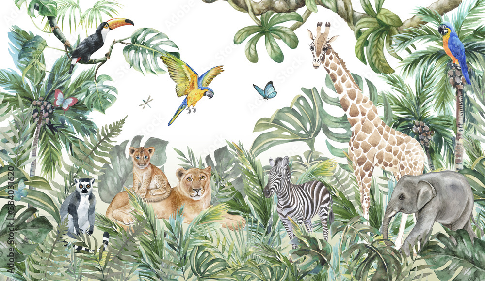 Children's wallpaper, watercolor jungle and animals. Lions, giraffe, elephant, parrots, zebra, lemur - obrazy, fototapety, plakaty 