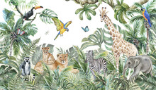 Children's Wallpaper, Watercolor Jungle And Animals. Lions, Giraffe, Elephant, Parrots, Zebra, Lemur