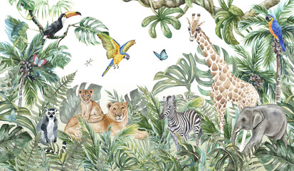  Children's wallpaper, watercolor jungle and animals. Lions, giraffe, elephant, parrots, zebra, lemur