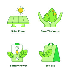 Wall Mural - Ecology set collection solar power save the water battery power eco bag white isolated background with green theme flat outline style