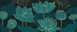 Luxury lotus background design with golden line and emerald green color. Lotus flowers line arts design for wallpaper, natural wall arts, banner, prints, invitation and packaging design.