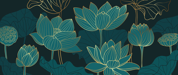 Wall Mural - luxury lotus background design with golden line and emerald green color. lotus flowers line arts des