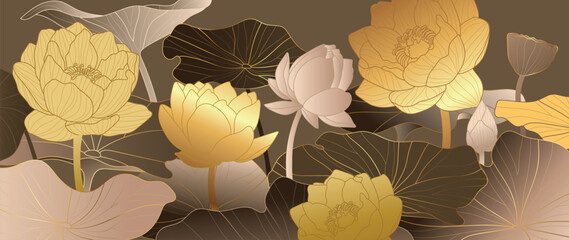 Luxurious background design with golden lotus. Lotus flowers line arts design for wallpaper, natural wall arts, banner, prints, invitation and packaging design. vector illustration.