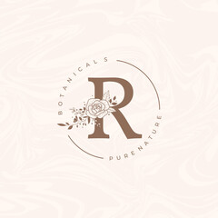 Letter R Botanical Flowers . Initial Wedding Monogram Font Logo. Circle Floral Rose Logo