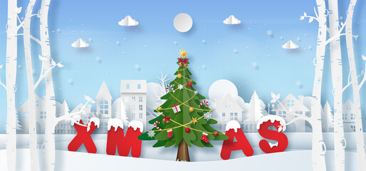 Wall Mural - Christmas banner background, Origami Paper art of Christmas tree in the village with XMAS word, Merry Christmas and Happy New Year