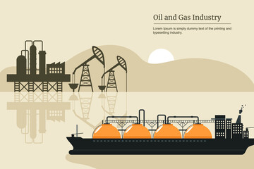 Oil and gas industry business Extraction, transportation of petroleum gasoline diesel, distribution and transportation. vector illustration derrick pump rig, fuel tanks in ocean.