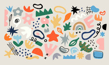 Set Of Trendy Doodle And Abstract Random Icons On Isolated Background. Big Element Collection, Unusual Organic Shapes In Freehand Matisse Art Style. Includes Bird, Leaf, Flower And Texture Bundle.