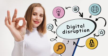 Wall Mural - Business, technology, internet and network concept. Young businessman thinks over the steps for successful growth: Digital disruption