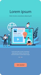 Wall Mural - blog authors writing articles. freelance writers with laptops creating internet content. vector illu