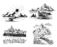Set Mountains Sketch. Hand Drawn Vector Illustration. Mountain Travel, Highlands Range. Dot And Line Art. Rocky Peaks. Landscape Silhouette.