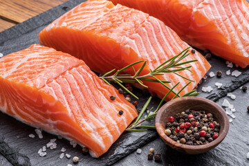 Wall Mural - Fresh salmon fillets on black cutting board with herbs and spices.