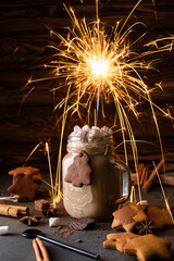  chocolate milk with chocolate, cinnamon and marshmallow with sparkler