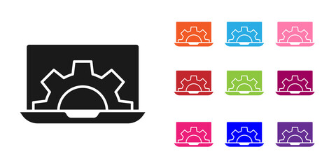 Black Software, web development, programming concept icon isolated on white background. Programming language and program code on screen laptop. Set icons colorful. Vector.