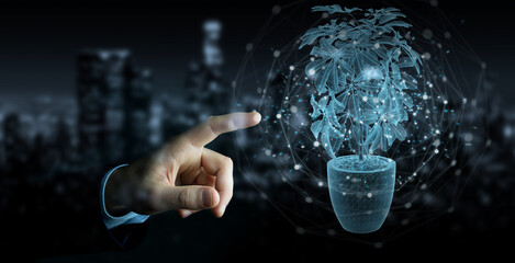 Fototapete - Man hand holding and touching holographic projection of a plant with digital analysis 3D rendering