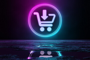 Poster - Digital shopping holographic icon illuminating the floor with blue and pink neon light 3D rendering