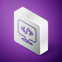 Isometric line Web design and front end development icon isolated on purple background. Silver square button. Vector.