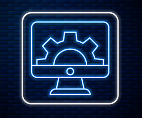 Glowing neon line Software, web development, programming concept icon isolated on brick wall background. Programming language and program code on screen monitor. Vector.
