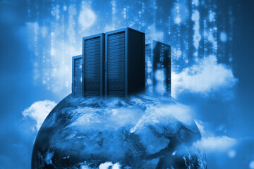 Wall Mural - Data servers on top of the world in blue