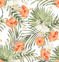  Vector tropical pattern with hibiscus flowers and exotic palm leaves. Trendy summer background. Summer floral illustration.
