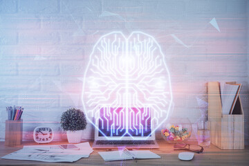  Double exposure of work space with computer and human brain drawing hologram. Brainstorm concept.