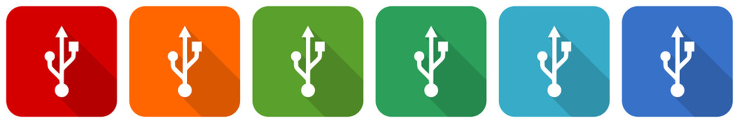 Leinwandbilder - Usb icon set, flat design vector illustration in 6 colors options for webdesign and mobile applications