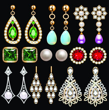 Illustration Set Of Jewelry Gold Earrings With Chains And Precious Stones