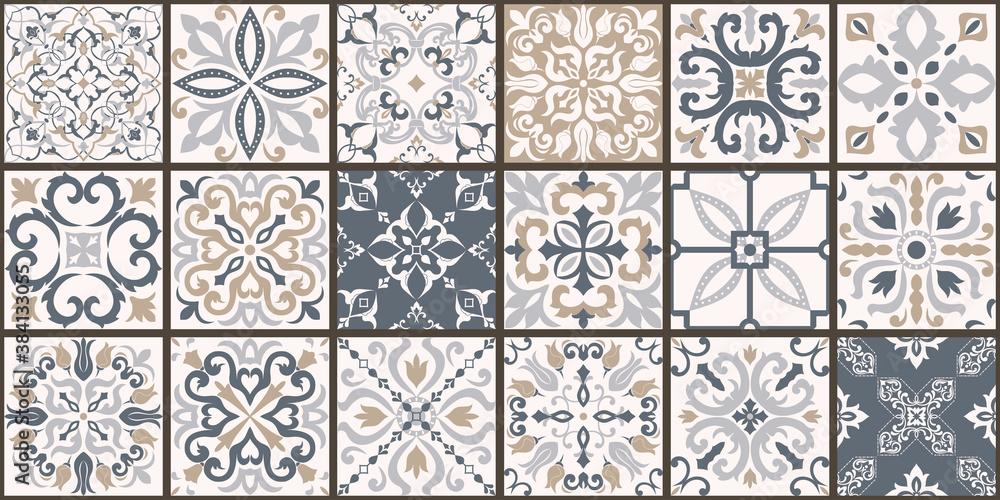 Collection of 18 ceramic tiles in turkish style. Seamless colorful patchwork from Azulejo tiles. Portuguese and Spain decor. Islam, Arabic, Indian, Ottoman motif. Vector Hand drawn background - obrazy, fototapety, plakaty 
