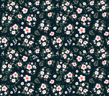 Trendy Seamless Vector Floral Pattern. Endless Print Made Of Small White Flowers And Dark Green Leaves . Summer And Spring Motifs. Black Background. Vector Illustration.
