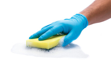 Wearing blue gloves with cleaning equipment on a white background