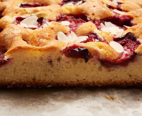 Canvas Print - baked slices of sponge cake with plums on brown paper