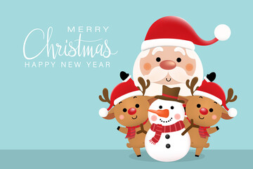 Wall Mural - Merry Christmas and happy new year greeting card with cute Santa Claus, deer and snowman. Holiday cartoon character in winter season. -Vector.