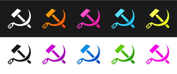 Wall Mural - Set Hammer and sickle USSR icon isolated on black and white background. Symbol Soviet Union. Vector.