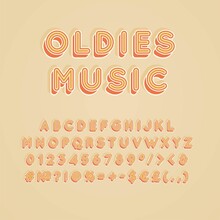 Oldies Music Vintage 3d Vector Alphabet Set. Retro Bold Font, Typeface. Pop Art Stylized Lettering. Old School Style Letters, Numbers, Symbols Pack. 90s, 80s Creative Typeset Design Template