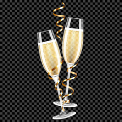 Champagne glasses and champagne with gold ribbon, isolated on dark background.