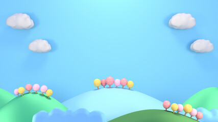 3d rendering picture of sweet cartoon mountains, trees, and clouds.